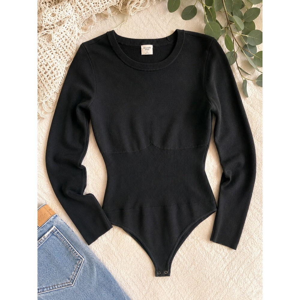 Abercrombie & Fitch Womens Black Ribbed Waist Long Sleeve Bodysuit Large